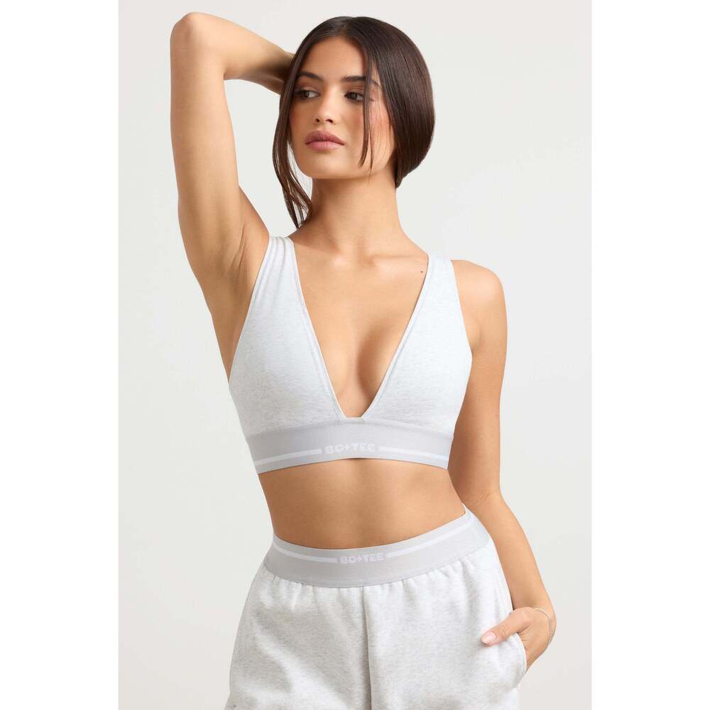 Oh Polly Stretch Cotton Jersey Plunge-Neck Crop Top in Grey Marl Size XXSXXS
